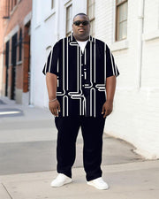 Men's Plus Size Street Fashion Irregular Line Print Short Sleeve Shirt Trousers Suit