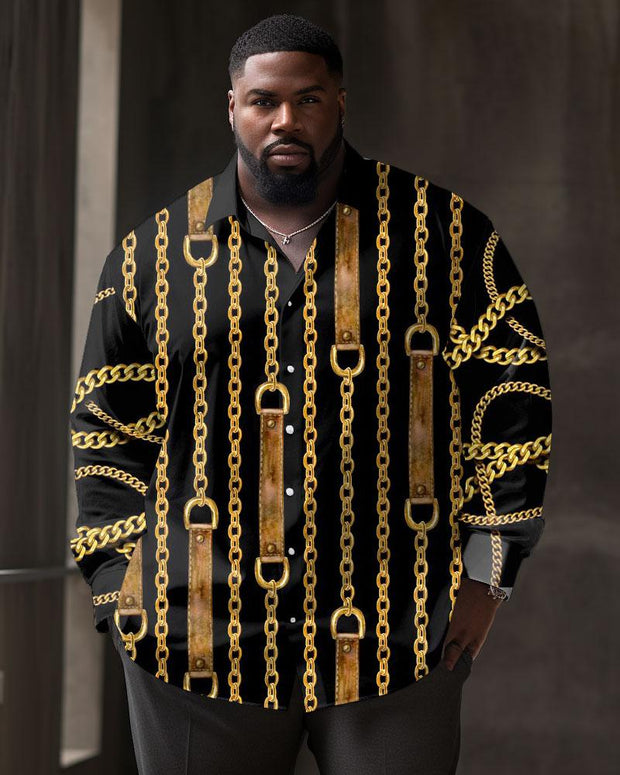 Men's Large Size Metal Chain Pattern Lapel Casual Long Sleeve Shirt