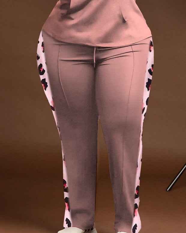 Women's Plus Size Pink Leopard Stripe Patchwork Hoodie Set
