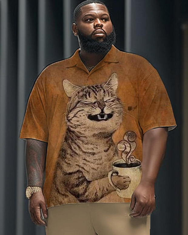 Cat Drinks Coffee Printed Short Sleeve Shirt and Trousers Men's Plus-size Suit