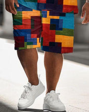 Men's Plus Size Simple Casual Colorful Block Print Shirt Shorts Suit