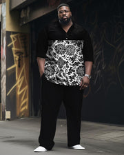 Men's Plus Size Patchwork Pattern Printed Long-sleeved Lasel Shirt 2-piece Set
