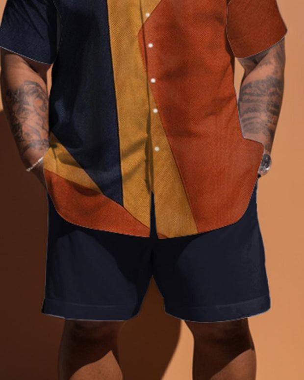 Men's Large Size Simple Geometric Colorblock Pattern Short Sleeve Shirt Shorts Set