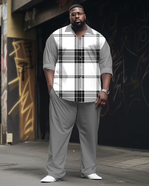 Men's Plus Size Classic Black And White Plaid Long Sleeve Lel Shirt 2 Piece Set