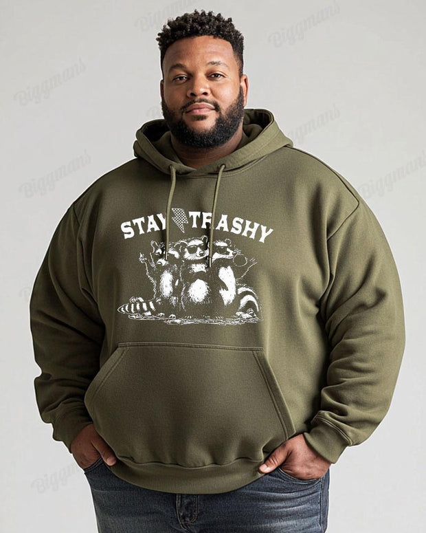 Cotton Material - Stay Trashy Letter Raccoon Print Men's Loose Oversized Hoodie