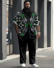 Men's Plus Size Business Simple Geometric Dark Green Short Sleeve Shirt Trousers Suit