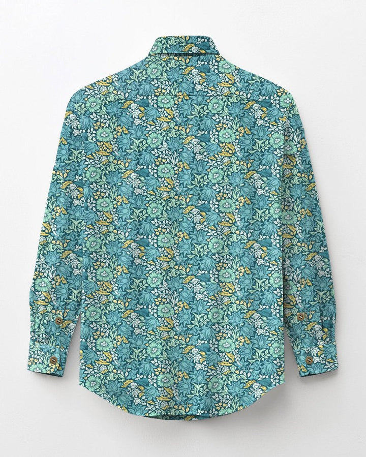 Turquoise Floral Cotton Men's Patch Pocket Long Sleeve Lapel Shirt