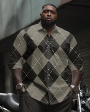 Men's Plus Size Classic Diamond Pattern Long Sleeve Lapel Shirt 2 Piece Set