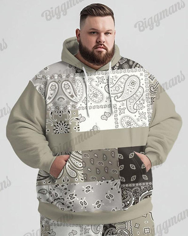 Men's Street Fashion Versatile Simple Paisley Patching Printed Plus Size Hoodie Suit