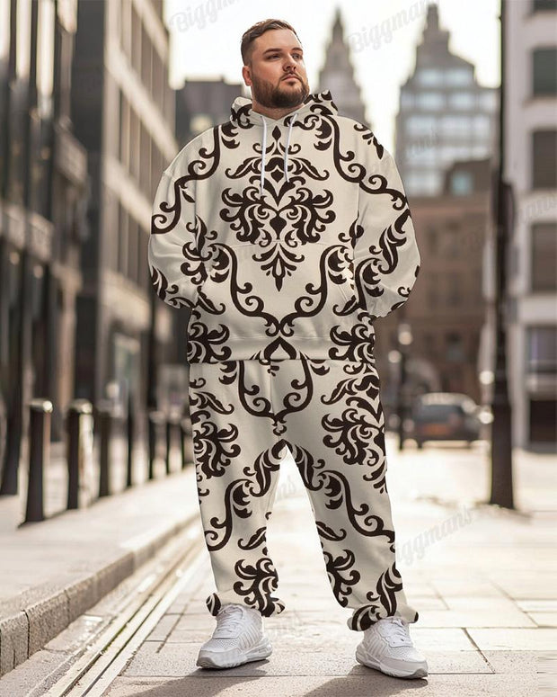 Men's Classical Retro Brown Geometric Pattern Print Plus Size Hoodie Suit