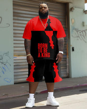 Men's Plus Size Street Fashion Colorblock King Alphabet Print T-Shirt Shorts Suit