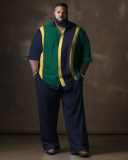 Men's Plus Size Casual Gentleman Green and Yellow Colorblock Long Sleeve Lapel 2 Shirt Set