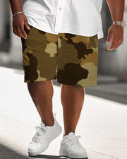 Men's Plus Size Simple Casual Camouflage Striped Contrast Print Shirt Shorts Suit