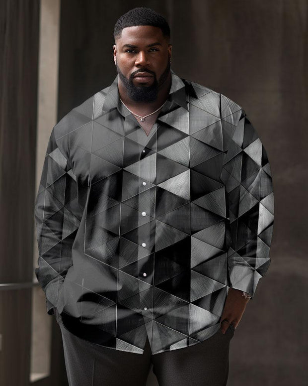 Men's Large Size Casual Geometric Rhombus Patterns Lapel Long Sleeve Shirt