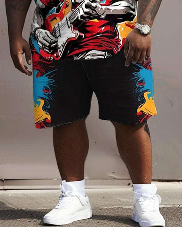 Men's Plus Size Street Fashion Graffiti Music Singer Print T-Shirt Shorts Suit