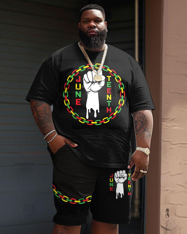 Men's Plus Size Juneteenth Black History Month Chain Fist Print T-Shirt Shorts Suit