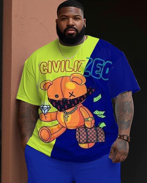 Men's Large Size Street Color Block Cartoon Color Matching Bear Graffiti Short Sleeve Shorts Suit
