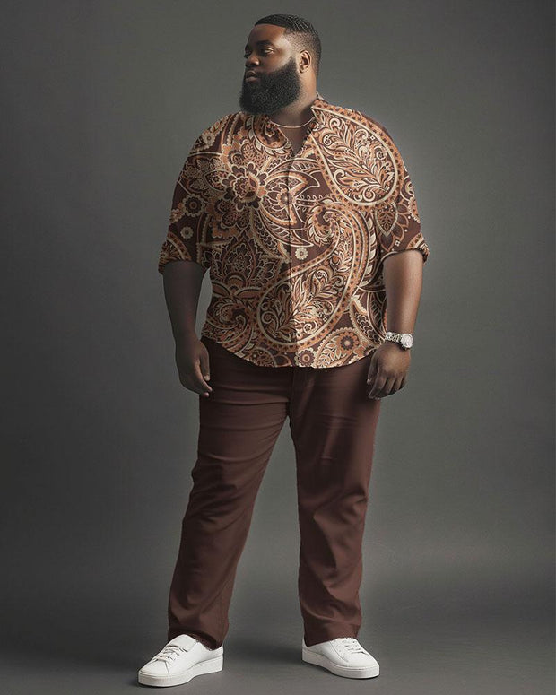 Men's Plus Size Street Fashion Paisley Print Long Sleeve Shirt Trousers Suit