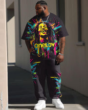 Men's Plus Size Street Fashion Abstract Graffiti Tribute Singer Print T-Shirt Trousers Suit