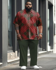 Men's Plus Size Business Casual Classic Red Green Diamond Pattern Short Sleeve Shirt Trousers Suit