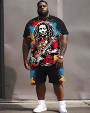 Men's Plus Size Street Fashion Graffiti Music Singer Print T-Shirt Shorts Suit