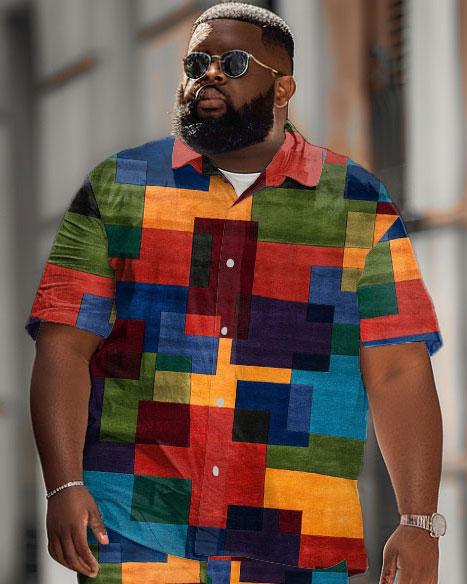 Men's Plus Size Simple Casual Colorful Block Print Shirt Shorts Suit