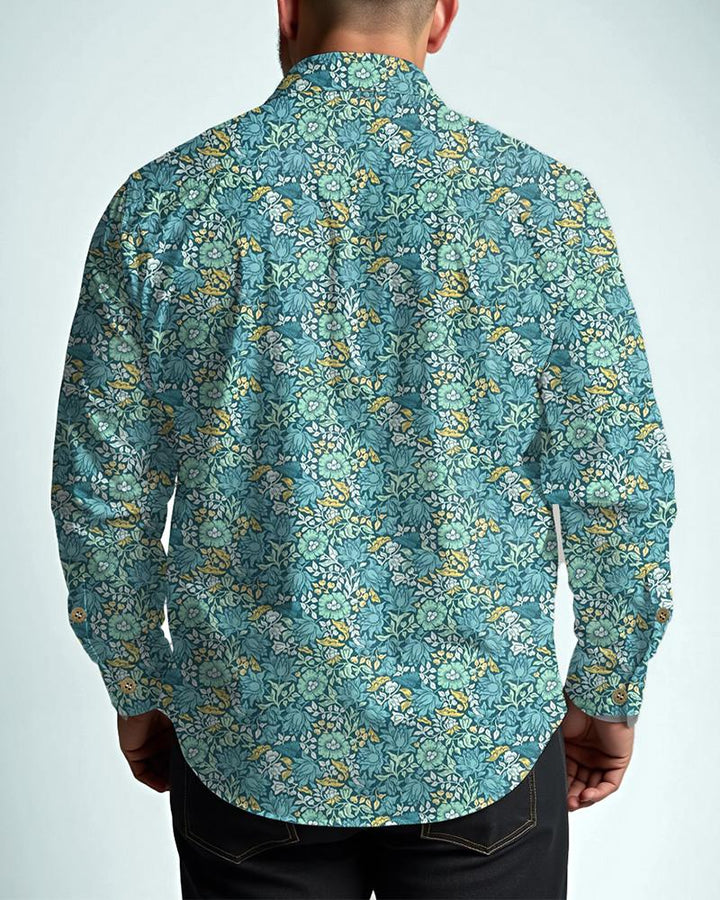 Turquoise Floral Cotton Men's Patch Pocket Long Sleeve Lapel Shirt