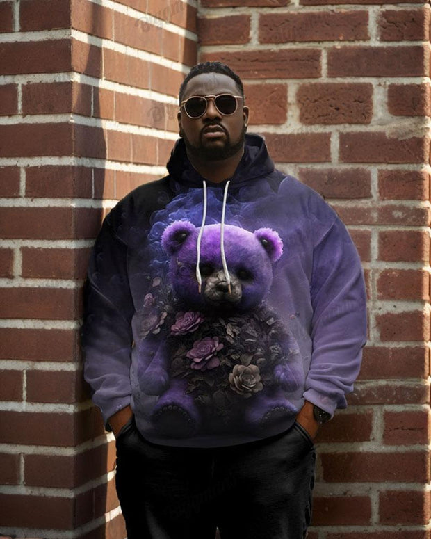 Men's Plus Size Gothic Bear with Flower Print King Print Long Sleeve Hoodie