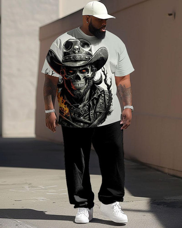 Men's Plus Size Street Fashion Hat Skull Print T-Shirt Trousers Suit