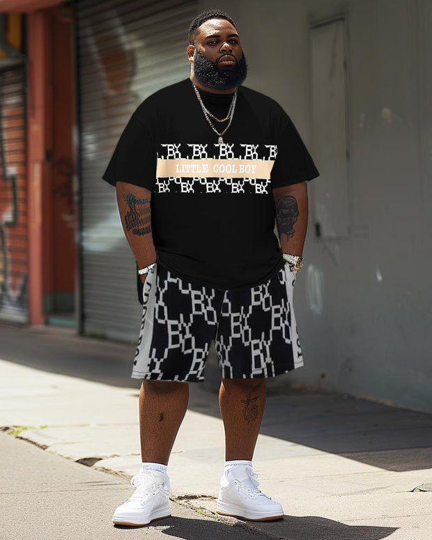 Men's Plus Size Letter Stripe Stitching T-Shirt Shorts Suit