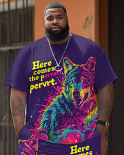 Men's Plus Size Street Fashion Pop Art Funny "Colored Wolf" Printed T-Shirt Shorts Suit