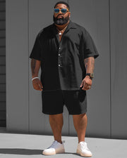 Men's Plus Size Versatile Black Solid Color Short Sleeve Shirt Shorts Suit