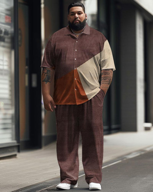 Men's Plus Size Business Simple Color-block Irregular Print Short-sleeved Shirt Suit