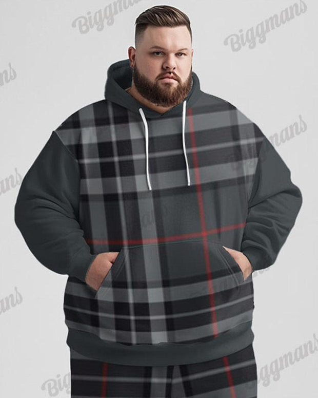 Men's Street Fashion Versatile Classic Plaid Print Plus Size Hoodie Suit