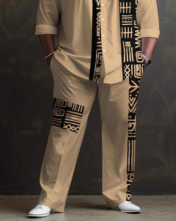 Men's Plus Size Tribal Print Patchwork Long Sleeve Lapel 2 Shirt Set