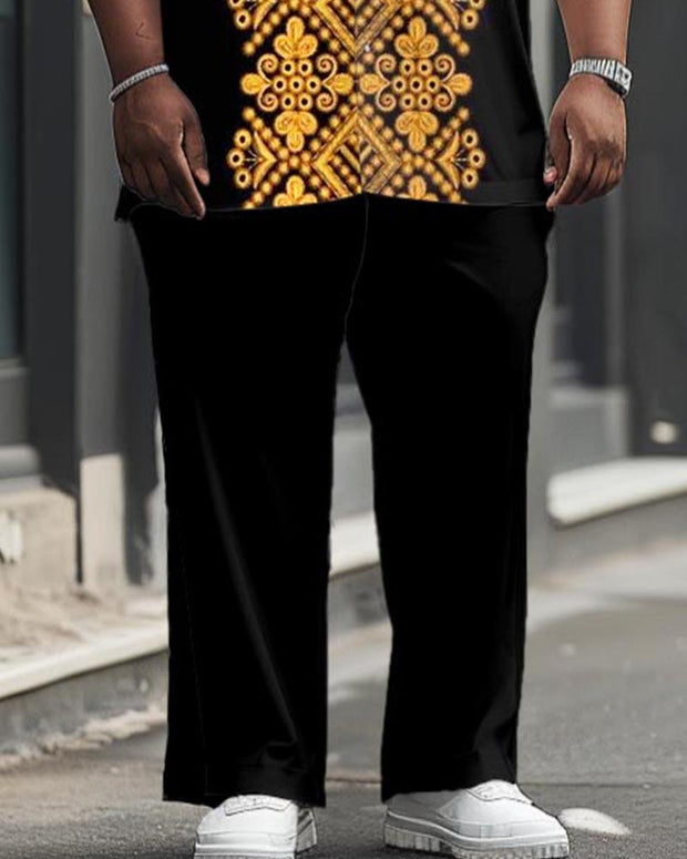 Men's Plus Size Casual Symmetrical Retro Court Style Pattern Printed Short Sleeve Shirt Trousers Suit