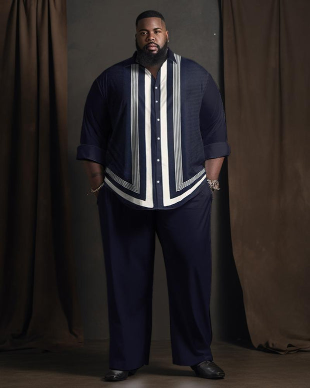 Men's Plus Size Striped Gentleman Long Sleeve Lapel 2 Shirt Set