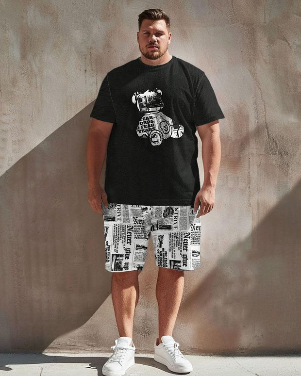 Men's Plus Size Street Casual Newspaper Bear Print T-Shirt Shorts Suit