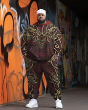 Men's Street FashionInk Retro Overlapping Geometry Print Plus Size Hoodie Suit