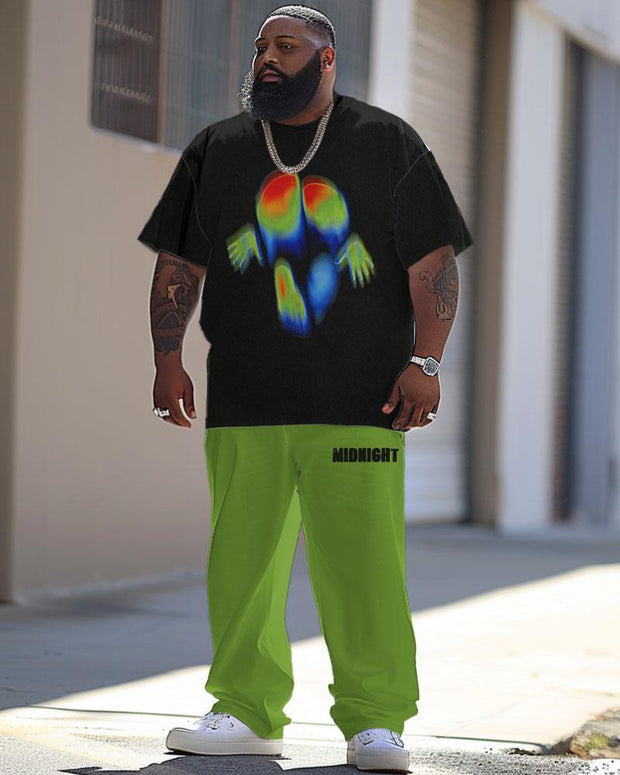Men's Large Street Casual Thermal Imaging Printed T-Shirt Trousers Suit