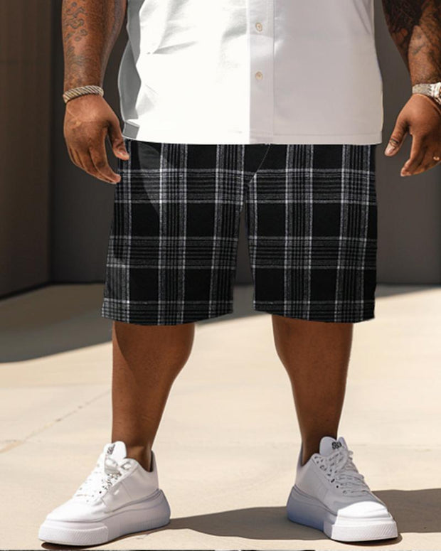 Men's Plus Size Classic Plaid Respect Short Sleeve Shirt Shorts Suit
