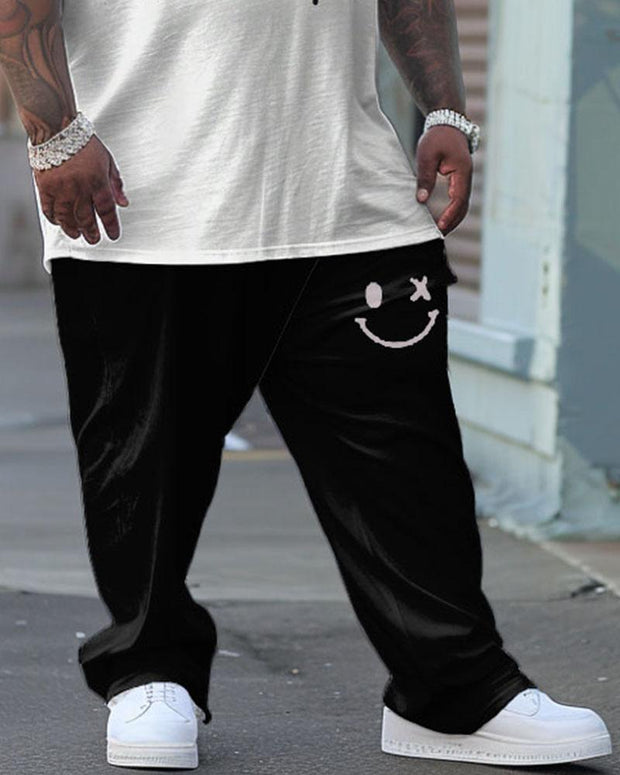 Men's Large Street Casual Graffiti Smiley Letter Print T-Shirt Trousers Suit