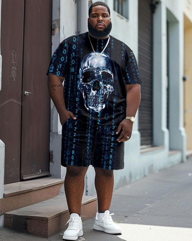 Men's Plus Size Street Casual Digital Skull Print T-Shirt Shorts Suit