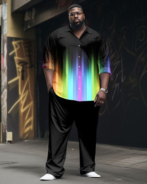 Men's Plus Size Street Fashion Rainbow Striped Long Sleeve Shirt Trousers Suit