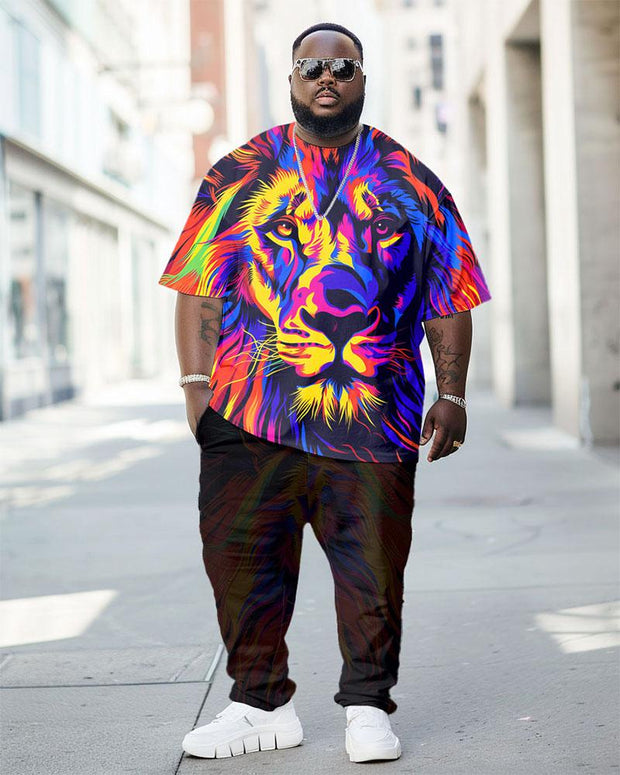 Men's Plus Size Street Fashion Abstract Graffiti Lion Print T-Shirt Trousers Suit
