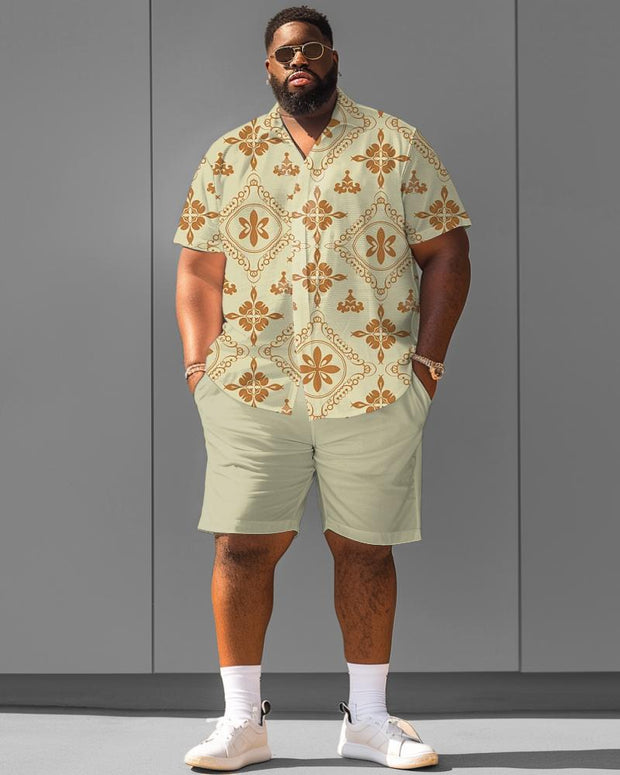 Men's Plus Size Retro Pattern Short Sleeve Shirt Shorts Suit