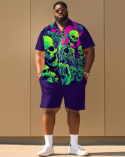 Skull Print Short Sleeve Shirt Plus Size Men's Suit