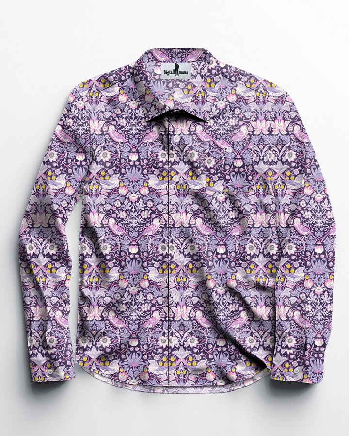 Strawberry Thief-Purple Men's Plus Size Cotton Long Sleeve Lel Shirt