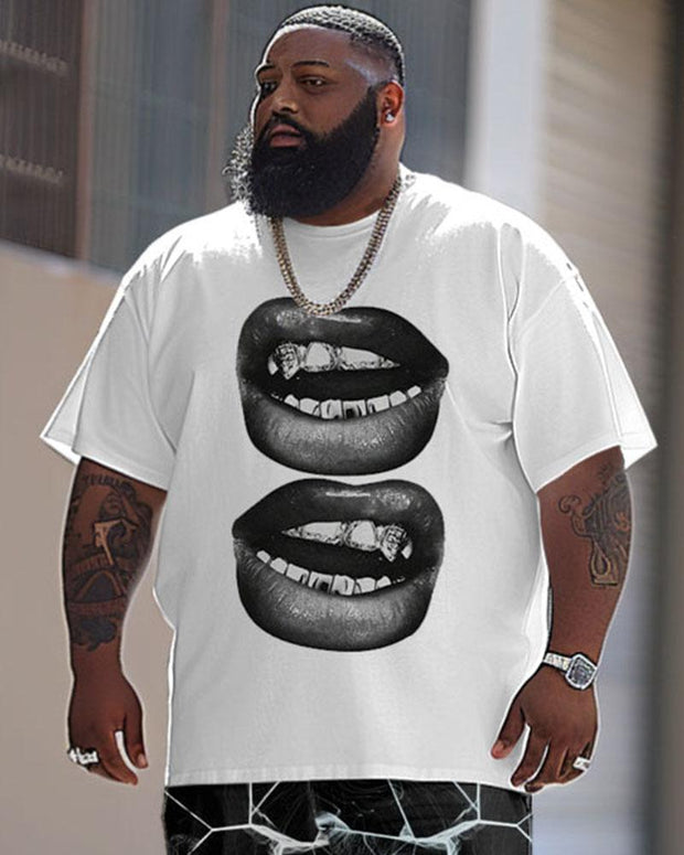 Men's Large Casual Art Lips Teeth Print T-Shirt Pants Suit