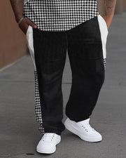 Men's Large Casual Colorblock Houndstooth Printed T-Shirt Pants Suit